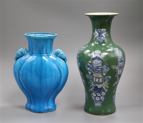 A 19th century Chinese turquoise glazed vase and a green glaze vase Tallest 28cm